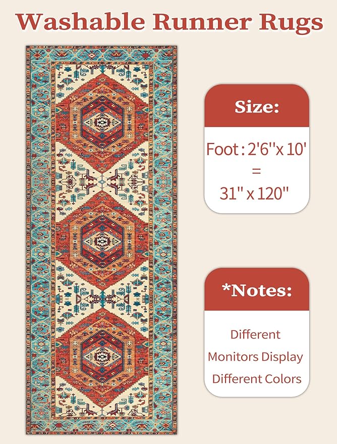 SERISSA Boho Washable Runner Rug, 2'6"x10' Rug Runner Non-Slip Vintage Orange Hallway Kitchen Runner Rug Ultra Soft Print Distressed Tribal Floor Carpet Runner for Bedroom Bathroom Laundry Room
