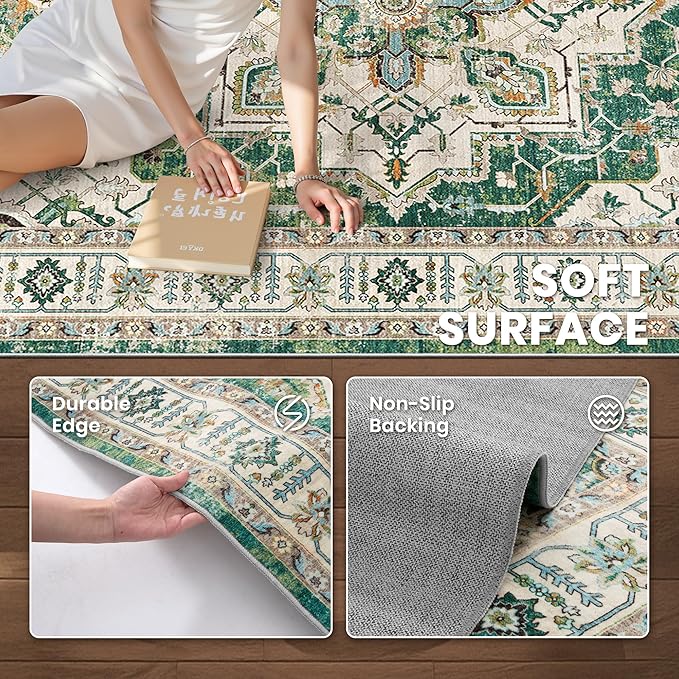 zesthome 8x10 Area Rugs,Stain Resistant Washable Rug,Ultra-Thin Rugs for Living Room,Bedroom,Non-Slip Backing Home Decor Large Area Rug (Green,8'x10')