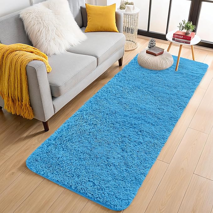 OLANLY 2x5 Machine Washable Runner Rugs for Hallway, Soft Fluffy Shaggy Bedside Rugs for Bedroom, Living Room, Indoor Floor Carpet for Kids Girls and Boys, Home Decor Aesthetic, Bright Blue