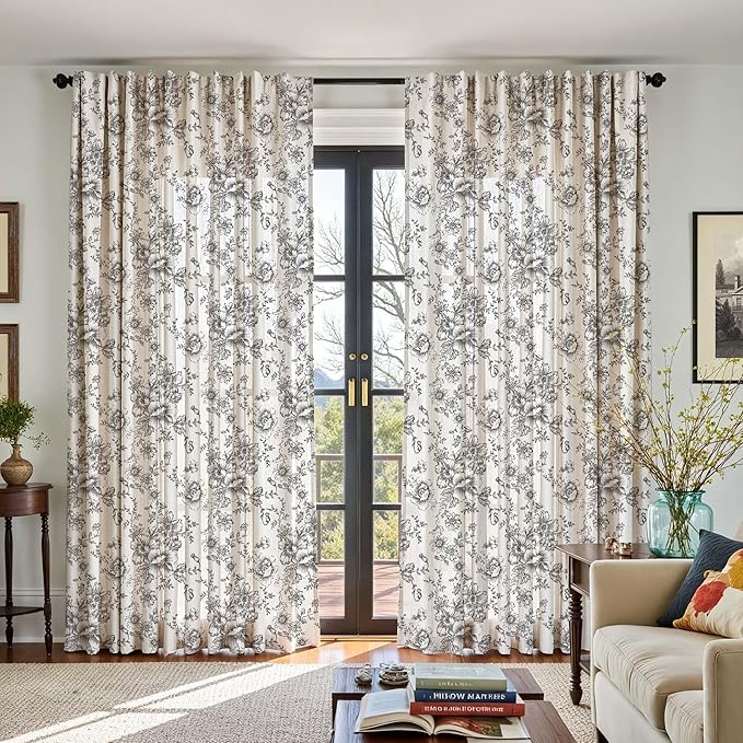 jinchan Linen Floral Curtains 100 Inch Extra Wide for Patio Sliding Glass Door Room Divider Curtain for Living Room 90 Inch Length Farmhouse Peony Black Printed Curtain Set 1 Panel