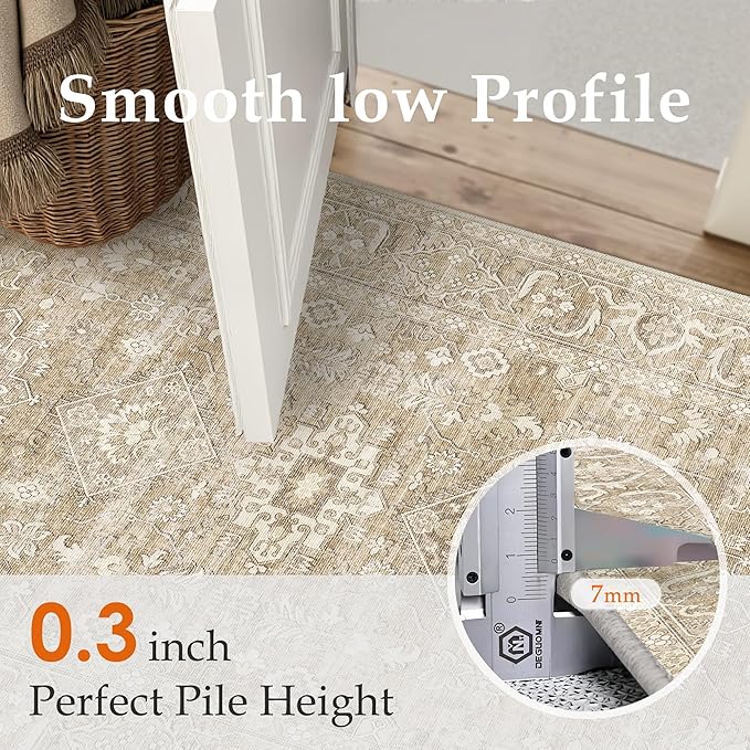 9x12 Washable Area Rug for Living Room Bedroom Vintage Beige Non Slip Carpet Traditional Retro Soft Low Pile Large Throw Rug for Dining Room Kitchen Office Indoor