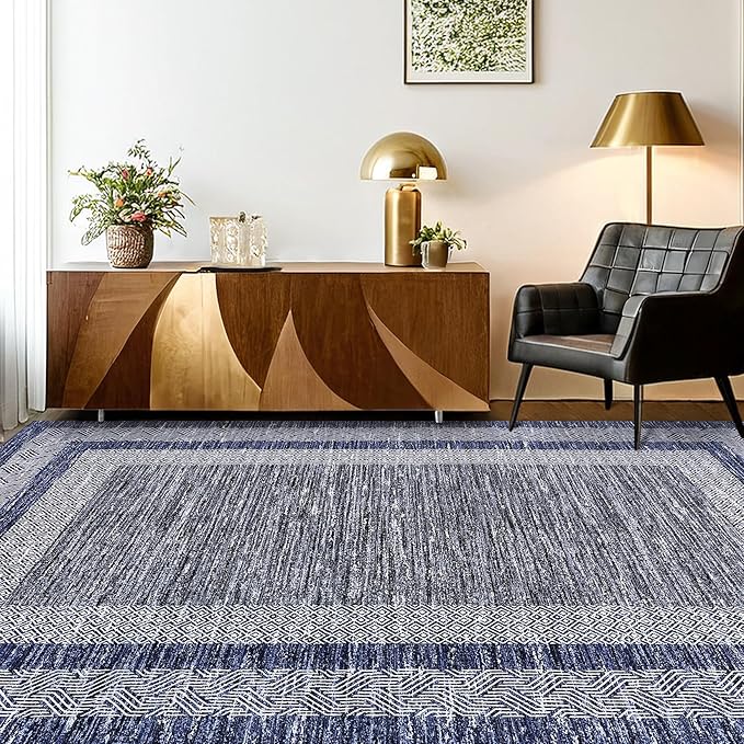 GarveeHome 9x12 Large Modern Navy Blue Area Rug Distressed Bordered Soft Non Shedding Floor Carpet, Geometric Washable Non Slip Low Pile Indoor Area Rug for Living Room, Bedroom