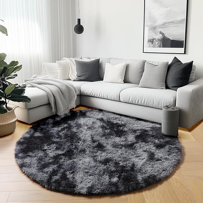 ONASAR Tie-Dyed Dark Grey Round Area Rugs 5ft, Ultra Soft Bedroom Circle Rug for Kids Girls Teen Room, Fluffy Plush Shaggy Carpet Floor Mats for Baby Nursery Living Room Playroom Home Decor