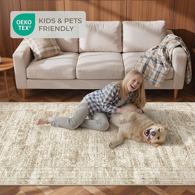 Long Hallway Runner Rug- Carpet Runners for Hallway 12ft, Anti Slip Backing Washable Rug Runner for Bathroom, Entrance, Living Room, Soft Low Pile Modern Rug Runner(2'x12', Brown/Ivory)