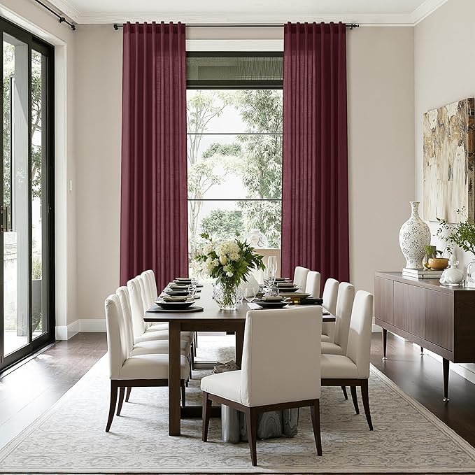 Nanspring Burgundy Linen Curtains for Living Room 100 Inches Long Light Filtering Semi Sheer Curtain Back Tab Vintage Boho Decor Elegant Luxury Drapes for Bedroom Dinner Room 52x100, 2 Panels