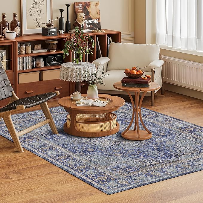 Washable Area Rug 9' x 12' Vintage Traditional Persian Mat - Foldable Distressed Non-Slip Machine Washable Carpet for Living Room Bedroom Kitchen Home Decor - Indigo and Gold