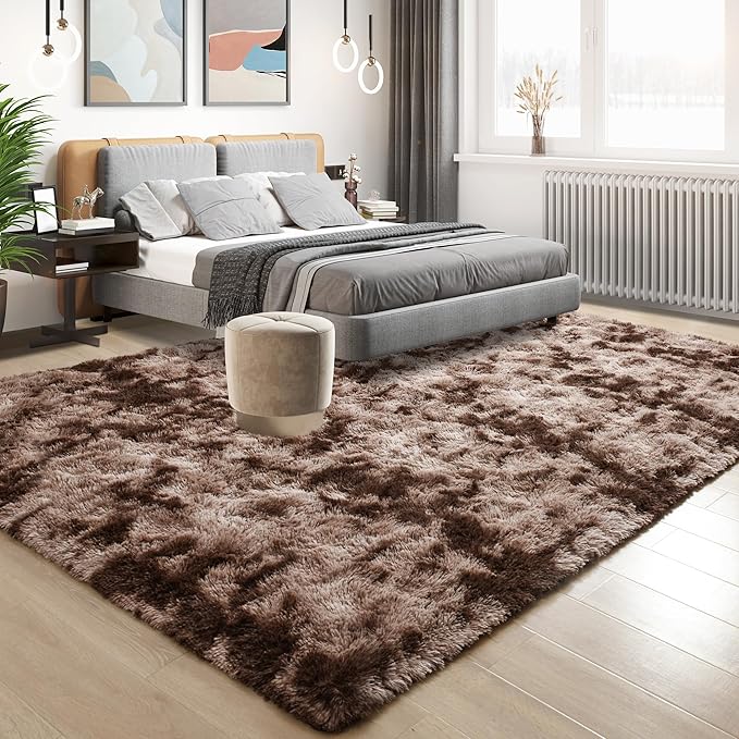 Tepook Area Rugs 9x12 for Living Room, Super Soft Fluffy Rugs for Bedroom, Modern Shaggy Rug Fuzzy Carpets for Kids, Plush Indoor Nursery Home Decor Rug with Non-Slip Bottom, Tie-Dyed Coffee