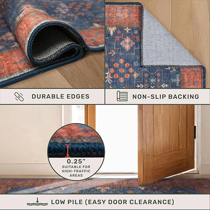Hazo Haus 6x9 Dining Room Rugs for Under Table - Washable Area Rug for Living Room, Low Pile Non-Slip Rugs for Bedroom - Navy Blue & Terracotta Vintage Boho Eclectic Home Decor