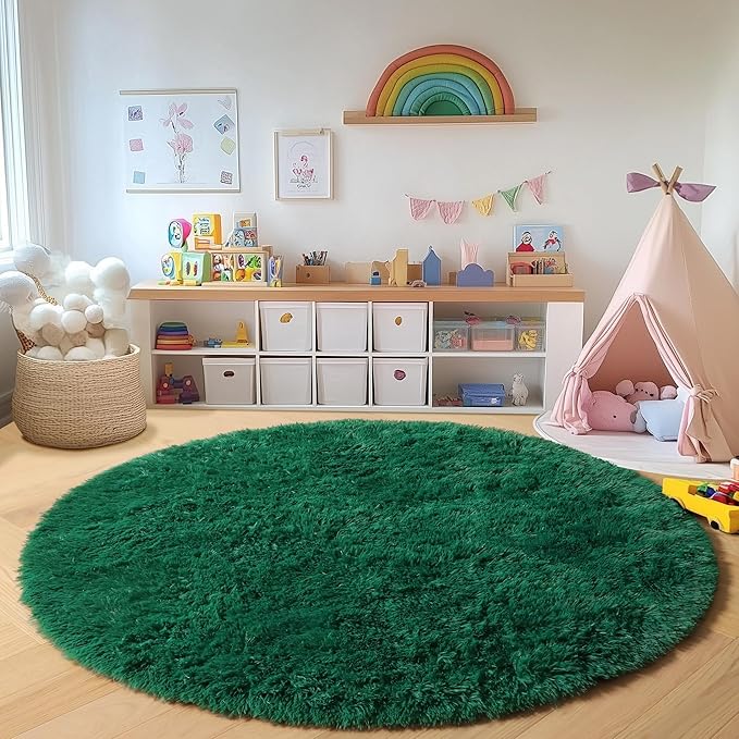 ONASAR Dark Green Round Area Rugs 5ft, Fluffy Soft Bedroom Circle Rug for Kids Girls Boys Teen Room, Furry Plush Shaggy Carpet Floor Mat for Baby Nursery Living Room Playroom Dorm Home Decor
