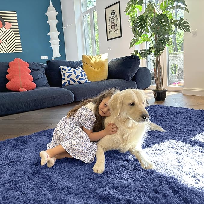 OLANLY 3x5 Machine Washable Small Bedside Rug, Soft Fluffy Shaggy Rugs for Living Room, Bedroom, Indoor Floor Carpet for Kids Girls and Boys, Preppy Dorms, Nursery, Home Decor Aesthetic, Denim Blue