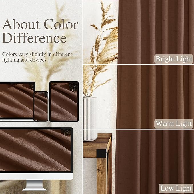 Mocha Brown Linen Curtains 102 Inches Long Rod Pocket Back Tab Drapes 2 Panels for Living Room Bedroom Light Filtering Semi Sheer Rustic Brown Curtain for Patio Door Dining Room52x102
