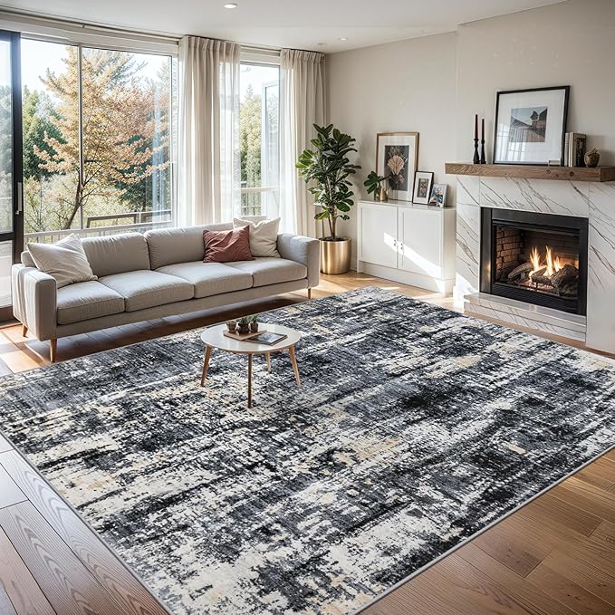 Area Rugs Living Room Rug - 5x7 Washable Modern Abstract Soft Neutral Non-Slip Carpet Large Indoor Floor Thin Carpets for Bedroom Dining Room Farmhouse Nursery Home Office Black Gold