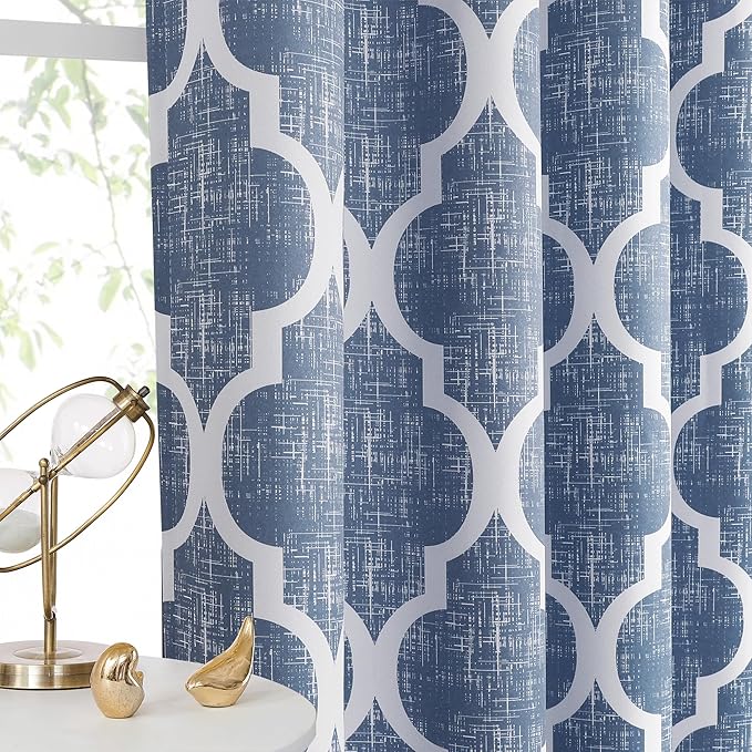 Beauoop 100% Blackout Curtains 84 Inches Long 2 Panels for Bedroom Living Room Blue Moroccan Geo Room Darkening Thermal Insulated Soundproof Rod Pocket Back Tab Window Treatments Drapes, 50x84