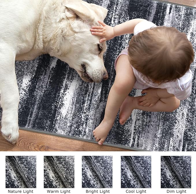 Lansny Modern Abstract Hallway Runner Rug, Black Grey Washable Entryway Runner Non-Slip Soft 2x8 Runner Rug Thin Print Faux Wool Carpet for Kitchen Bedroom Laundry Room Indoor Home Decor