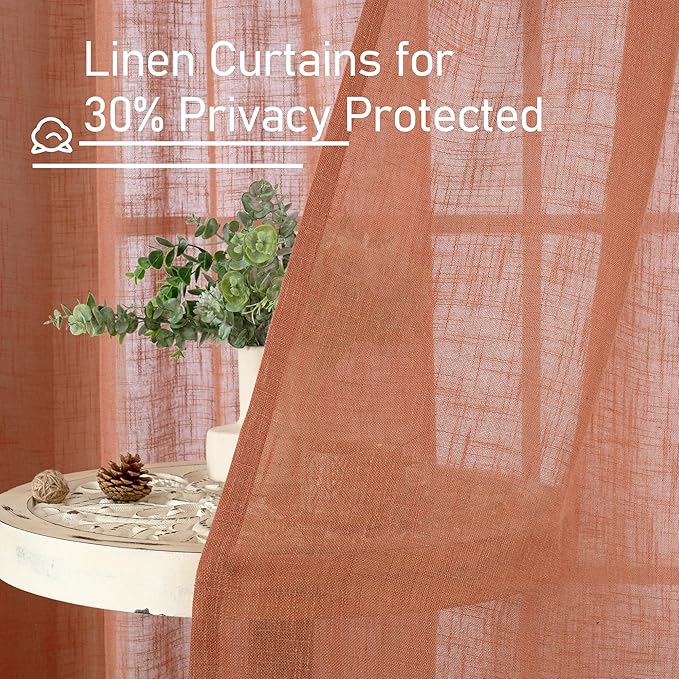 LAMIT Semi Sheer Linen Kitchen Curtains 24 Inch Length, Light Filtering Window Panels Back Tab and Rod Pocket Drapes for Basement/Small Windows, Terracotta, 25 x 24 Inch, 2 Panels