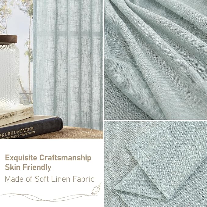 LAMIT Light Filtering Linen Curtains 45 Inch Length 2 Panels, Semi Sheer Window Panels Back Tab and Rod Pocket Neutral Drapes for Bathroom/Kitchen/Loft Room, Greyish Blue, 34 x 45 Inch