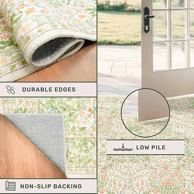 Hazo Haus Light Beige Green Floral Living Room Rug, 7x9 Washable Area Rug for Kids Room, Bedroom, Nursery Room, Living Room, Dining Room, Low Pile Non-Slip - Vintage Design & Stain Resistance