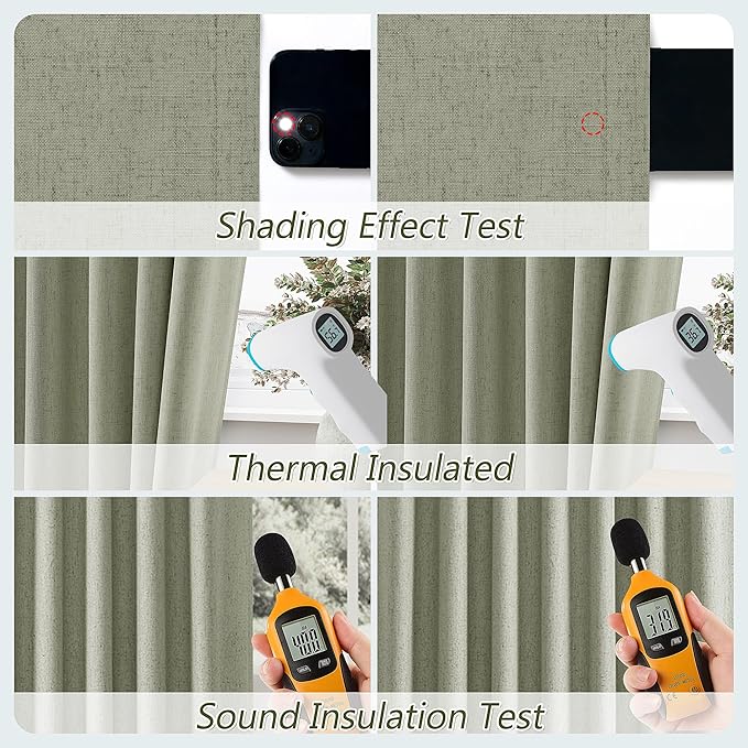 Sage Green 100% Blackout Linen Curtains 100 Inch Length 2 Panels Set for Living Room Bedroom Back Tab Thermal Insulated Black Out Drapes Room Darkening Farmhouse Style for Bedroom Window Curtains