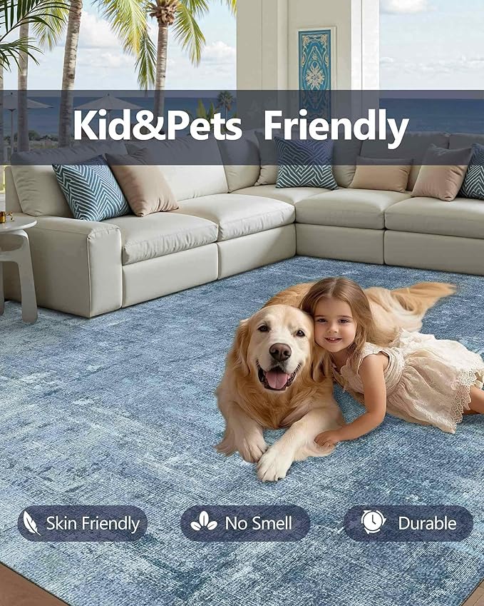 Latte&Fog 10x14 Area Rug for Living Room, Extra Large Blue Modern Abstract Washable Rugs, Boho Non Slip Low Pile Carpet for Indoor Bedroom Dining Room, Office, Dorm, Classroom and Farmhouse - Blue