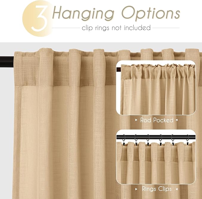 Tan Linen Curtains 90 inches Long for Living Room Back Tab Rustic Farmhouse Semi Sheer Light Filtering Window Curtain Dining Room Soft Thick Flax Linen Textured Drapes Kahki 52x90