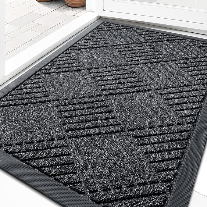 OLANLY Front Door Mat Outside Entrance 35x23, Absorbent, Heavy Duty Sturdy Natural Rubber Doormat Indoor Outdoor, Stain Fade Resistant, Non-Slip Low Profile Floor Mat for Entryway, Black Gray Diamond
