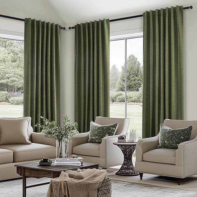 Topfinel Extra Long 132 Inch Olive Green Curtains 2 Panels Set for Living Room Bedroom Rod Pocket/Pleated Light Blocking Thermal Insulated Room Darkening Blackout Curtain/Drapes(W52 x L132 Loden)