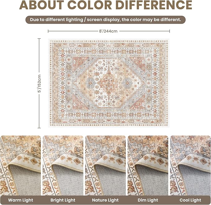 zesthome 5x8 Area Rugs - Ultra-Thin Washble Rug, Stain Resistant Anti Slip Backing Rugs for Living Room,Bedroom, Vintage Home Decor Area Rug (Orange,5'x8')