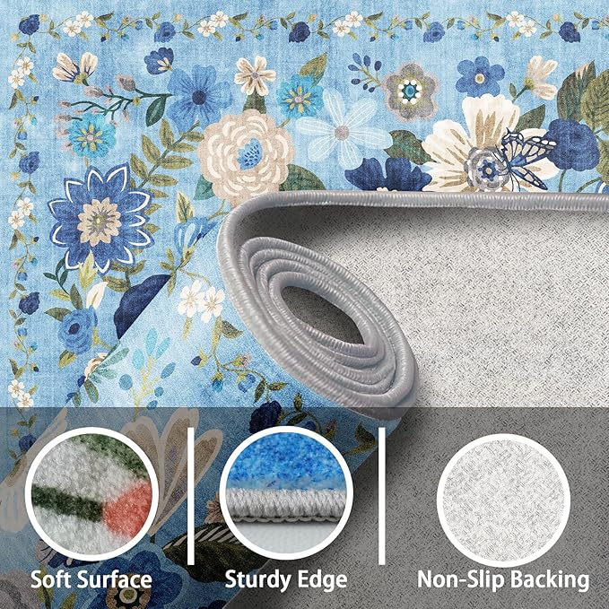 2x5 Entryway Runner Rugs, Non Slip Washable Rugs with Rubber Backing Soft Floral Carpet Runner for Kitchen, Laundry, Bedroom, Bathroom(2 x 5, Blue Garden)
