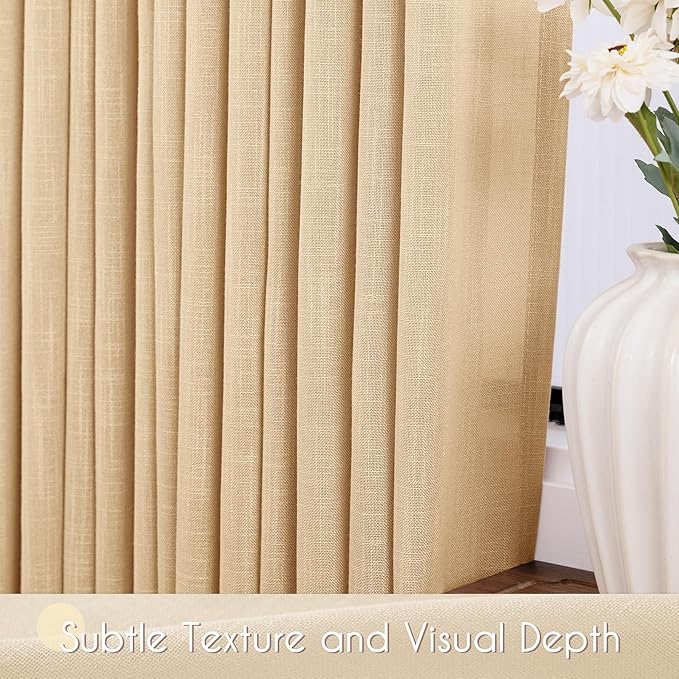 Tan Linen Curtains 90 inches Long for Living Room Back Tab Rustic Farmhouse Semi Sheer Light Filtering Window Curtain Dining Room Soft Thick Flax Linen Textured Drapes Kahki 52x90