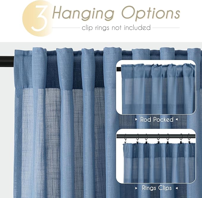 Denim Blue Curtains for Living Room Back Tab Modern Farmhouse Semi Sheer Blue Curtains 90 inches Long 2 Panels Set Muted Neutral Window Curtain for Dining Room Bedroom 52x90