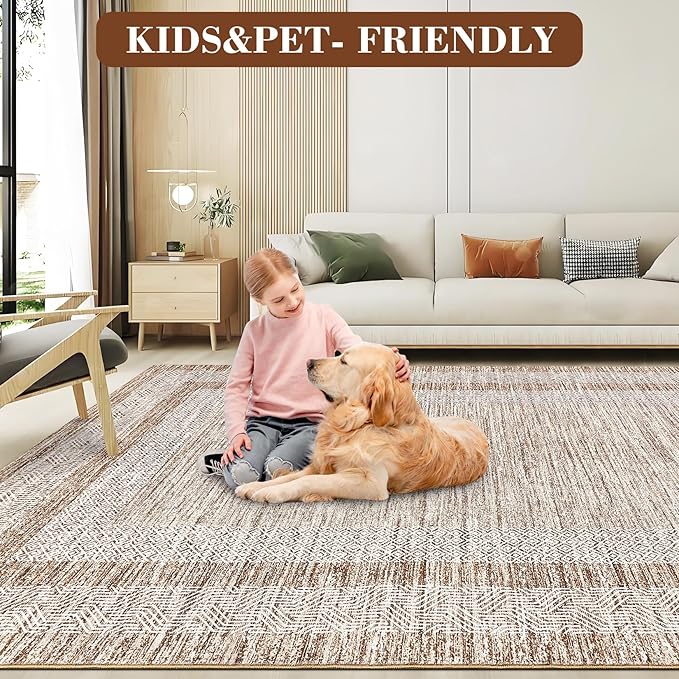 GarveeHome Modern Geometric Area Rug 4x6 Distressed Bordered Washable Non Slip Floor Carpet Non Shedding Thin Soft Low Pile Contemporary Brown Rug for Dining Room, Living Room