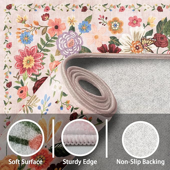 Pink/Beige Floral Hallway Runner Carpet Non-Slip, 2x10 Washable Rug Ultra-Thin Soft for Hallways, Kitchen Mat Stain Resistant for Entryway Bathroom (2 x 10, Beige/Pink Garden)