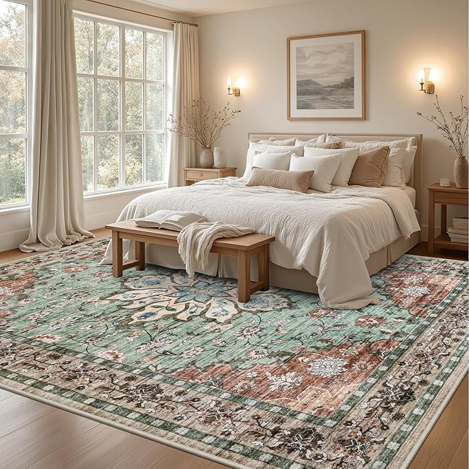 Area Rugs 9x12 Living Room Rug: Washable Rug Soft Vintage Distressed Floral Carpet Indoor Non-Slip Stain Resistant Large Carpets for Bedroom Dining Room Farmhouse Nursery Home Office Brown Green