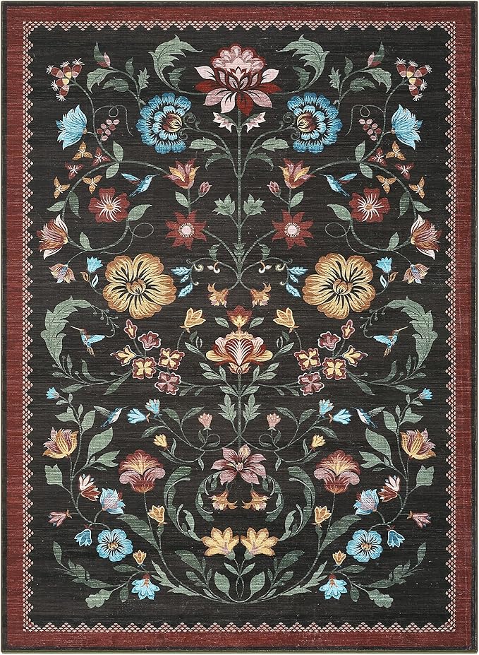 GarveeHome Washable Rug 3x5 Area Rugs for Living Room, Floral Rug for Bedroom, Soft Boho Non Slip Throw Rugs with Rubber Back, Low Pile Stain Resistant Vintage Floral Carpet for Dining Room, Red