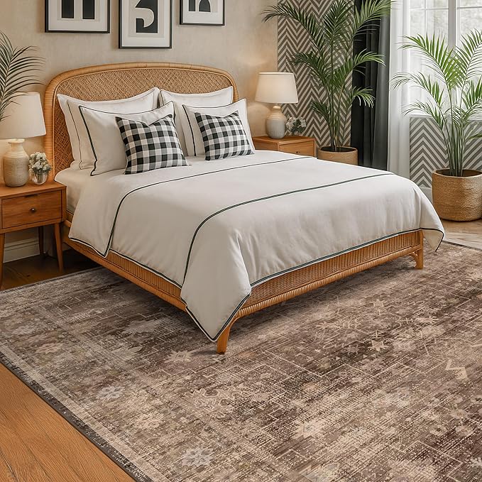 Hazo Haus Brown 9x12 Living Room Rug - Vintage Western Eclectic Unique Neutral Taupe, Washable Low Pile Non-Slip Large Area Rugs for Dining Under Table Bedroom Under Bed