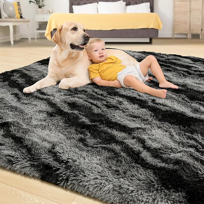 Tepook Soft Fluffy Rugs for Bedroom, 4x6 Area Rug for Living Room, Modern Shaggy Room Rug for Kids Boys Girls, Plush Throw Rugs Indoor Nursery Home Decor Rug with Non-Slip Bottom, Black Grey