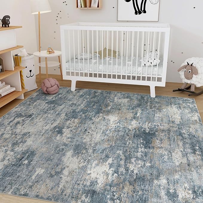Nakagishi 7x9 Area Rugs Living Room: Washable Abstract Large Neutral Soft Rug Stain Resistant Modern Indoor Floor Non-Slip Carpet for Bedroom Nursery Kids Playroom Office Dining Room Dorm-Blue Brown