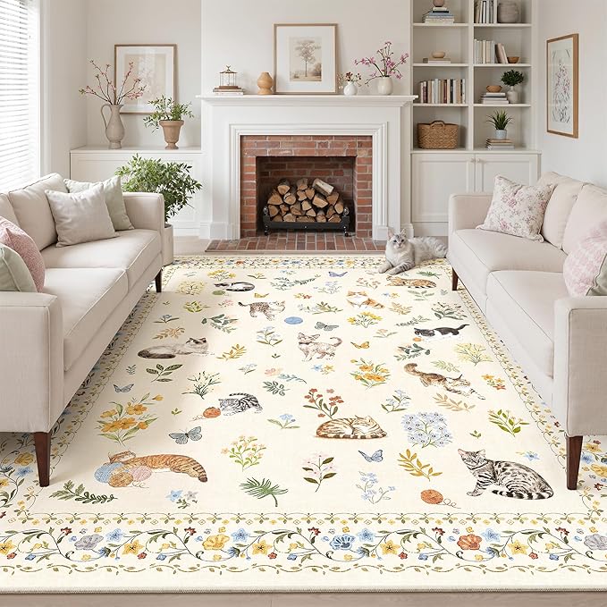 Cat 9x12 Area Rugs for Living Room, Machine Washable Animal Floral Vintage Rug Non-Slip Low Pile Soft Throw Large Rugs for Bedroom Dining Room Kitchen Nursery Playroom (9 x 12,Beige)
