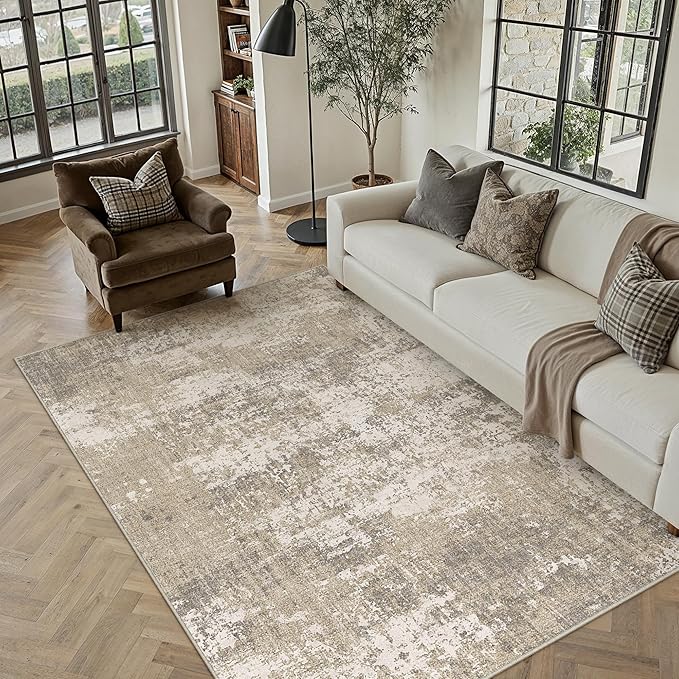 Beige Area Rug 4x6 Machine Washable Modern Abstract Office Carpet Neutral Non Slip Indoor Entry Low Pile Soft Non Shedding Small Mat Bedroom Throw Rug for Kitchen Laundry Dining Room