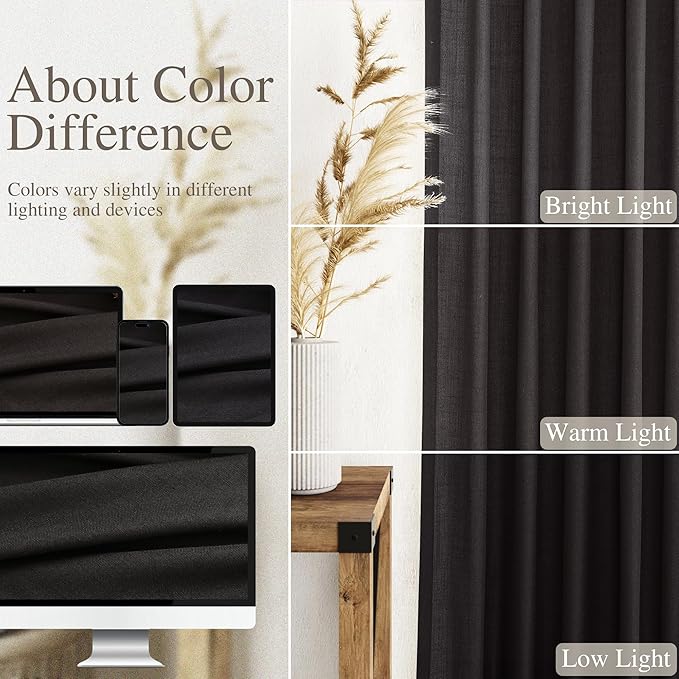 Vintage Black Linen Curtains for Living Room 72 Inches Long Light Filtering Semi Sheer Curtain Back Tab and Rod Pocket Privacy Luxury Gothic Vintage Decor Drapes for Bedroom Office 52x72, 2 Panels