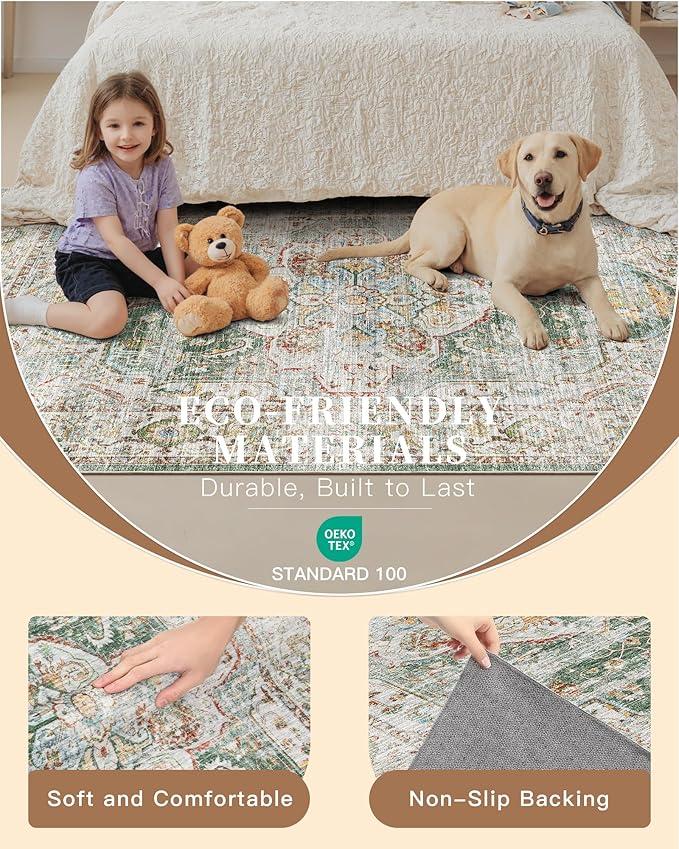 Madane Washable Runner Rug - 2x6 Rug Runners for Hallways 6 Feet Non Slip Vintage Kitchen Runner Rug Ultra-Thin Bathroom Runner Rugs Carpet Laundry Room Bedroom (2x6ft, Green)