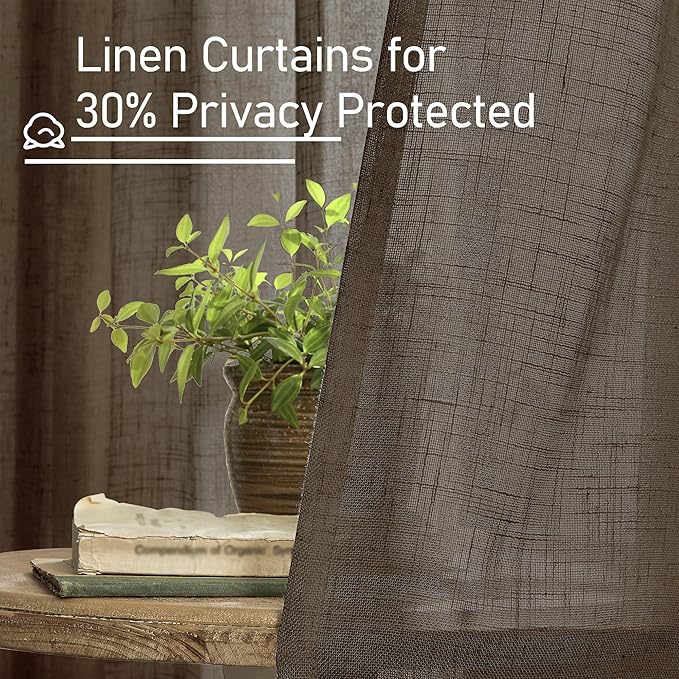 LAMIT 95 Inches Long Linen Curtains for Living Room, Back Tab and Rod Pocket Semi Sheer Curtains Light Filtering Farmhouse Drapes for Bedroom/Dining Room, Dark Brown, Set of 2, 52 x 95 Inch