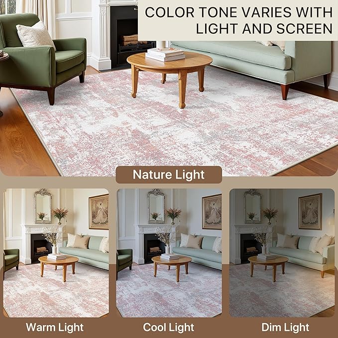 Area Rugs 3x5 for Living Room Bedroom, Modern Abstract Machine Washable Rug, Soft Low Pile Floor Carpet with Non Slip Backing for Entryway, Pink/Grey