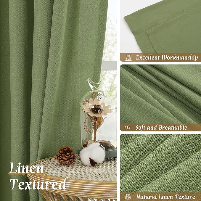 LAMIT Faux Linen Curtains 63 inches Long for Bedroom, Rod Pocket Thick Linen Drapes Light Filtering Privacy Window Spring Decor Curtains for Living Room, 2 Panels (52 x 63 Inch, Green)