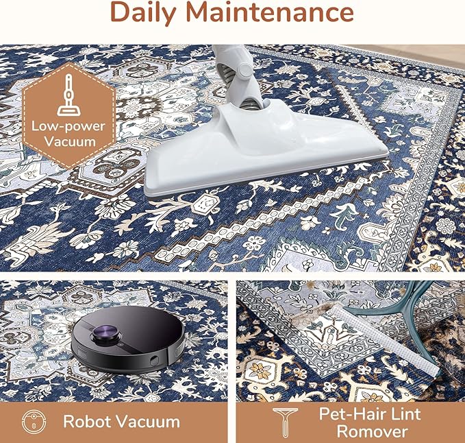 OPPODREAM Soft Area Rugs 5x7, 5x7 Washable Rug with Non Slip Backing, 5 x 7 Faux Cashmere Low-Pile Carpet, Navy Blue & Gold