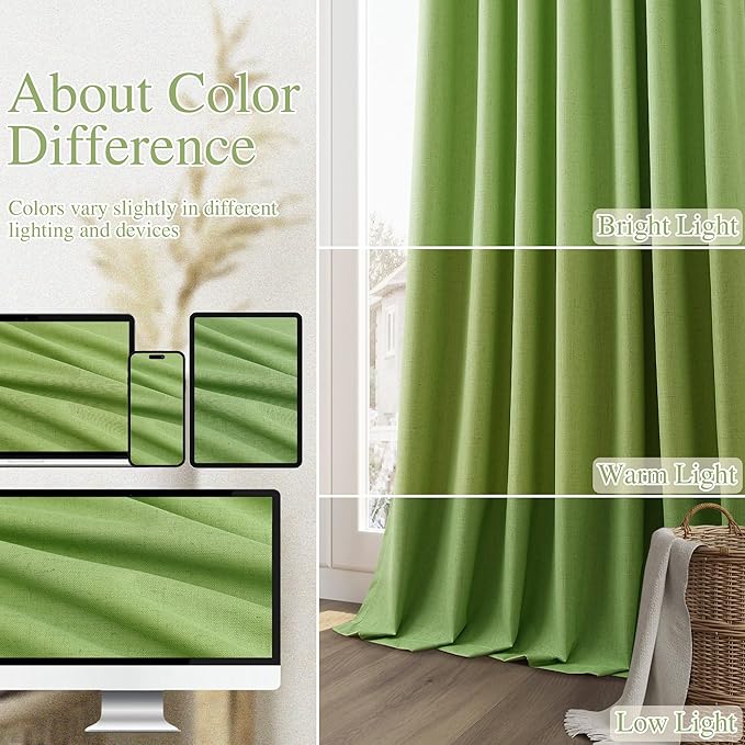 Guken 100% Blackout Curtains 102 Inch Length 2 Panels Set for Living Room Bedroom Back Tab Thermal Insulated Black Out Linen Drapes Room Darkening Lime Green,52x102