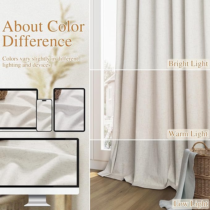 Guken Boho 100% Blackout Linen Curtains 84 Inch Long 2 Panels Set for Living Room Bedroom Black Out Curtain with Back Tab Room Darkening Winter Thermal Insulated Window Drape, 52x84