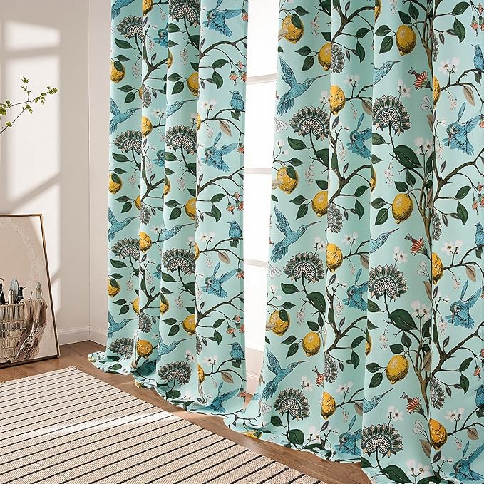 Topfinel Mint Green Curtains 63 Inch Length 2 Panels Cottagecore Tropical Sage Leaf Flower Hummingbird Lemon Patterned Energy Efficient Grommet Cute Green Drapery Treatment Nursery Classroom