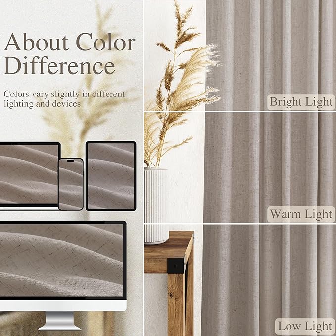 Nanspring Stone Beige Linen Curtains for Living Room 72 Inches Long Luxury Light Filtering Semi Sheer Curtain Back Tab Simple Modern Elegant Farmhouse Decor Drapes for Bedroom Office 52x72, 2 Panels