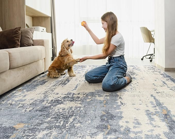 UERMEI 6x9 Area Rug Living Room Rugs - Washable Neutral Modern Abstract Soft Thin Rug Indoor Floor No Slip Rug Carpet for Bedroom Under Dining Table Home Office Decor - Blue/Light Brown